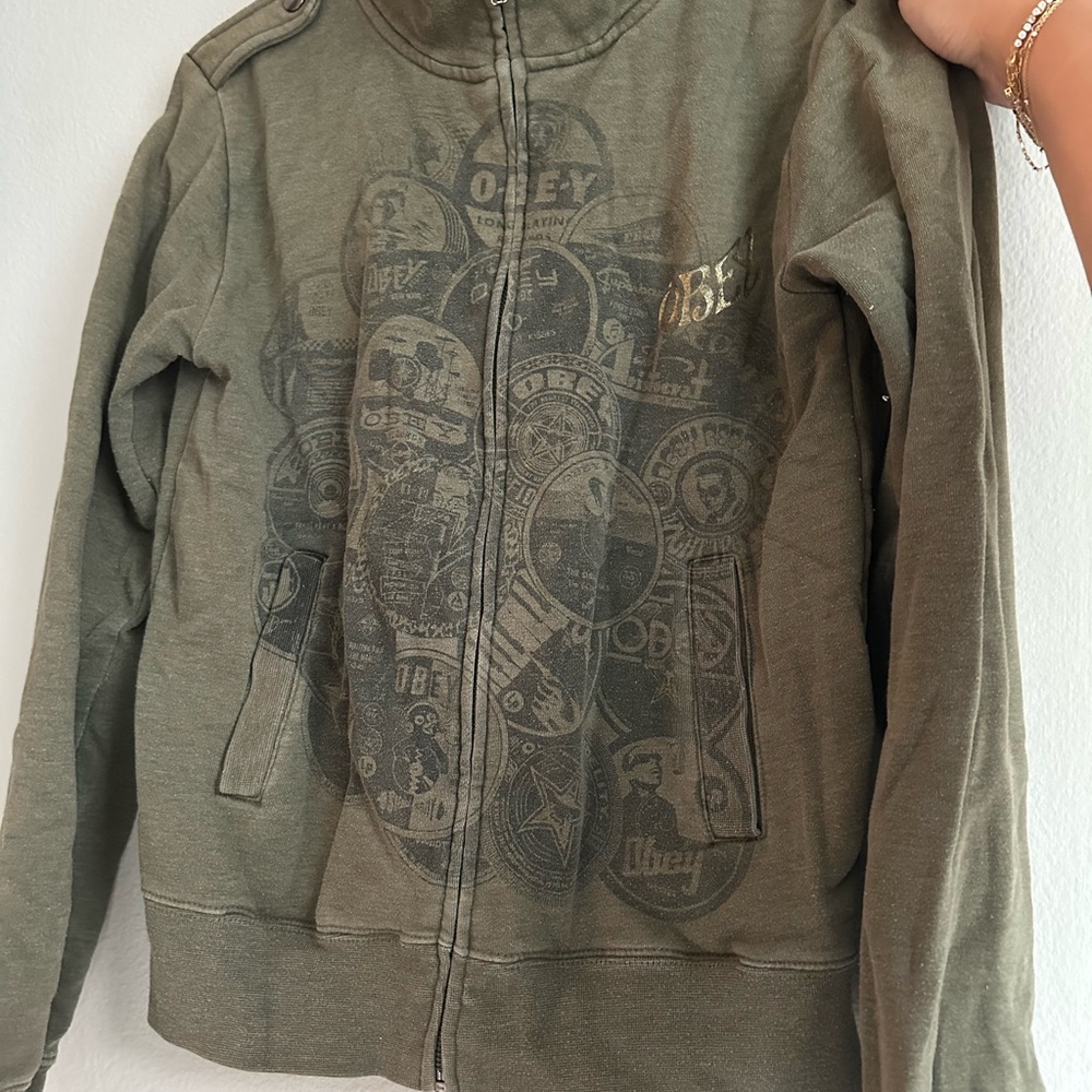 Obey Army Green Graphic Zip Down with Front Pockets